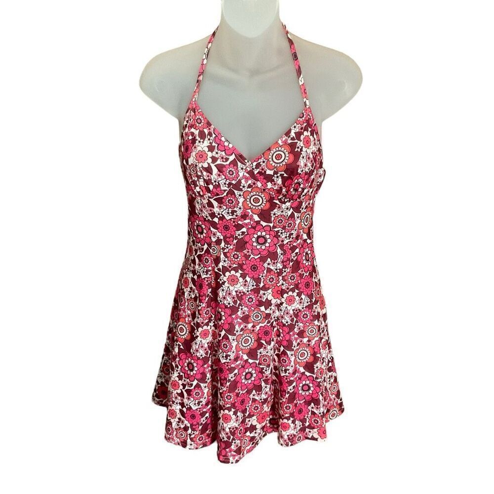 SHEIN Mini Halter Dress Tie V Neck Floral White Pink Black Open Back Size XS
